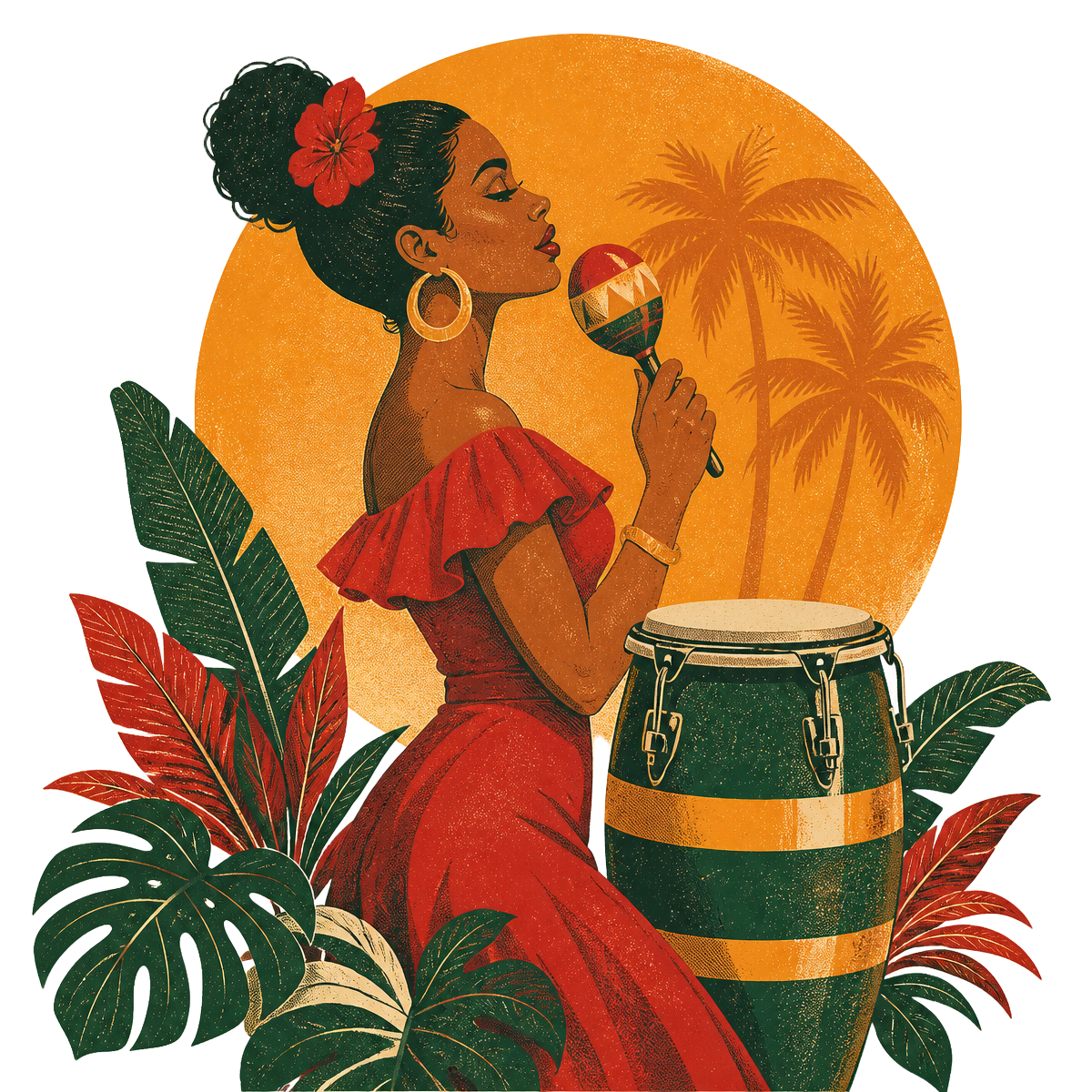 Ilustração retro caribenha: cantora latina com maracas, conga e folhas tropicais ao pôr do sol
